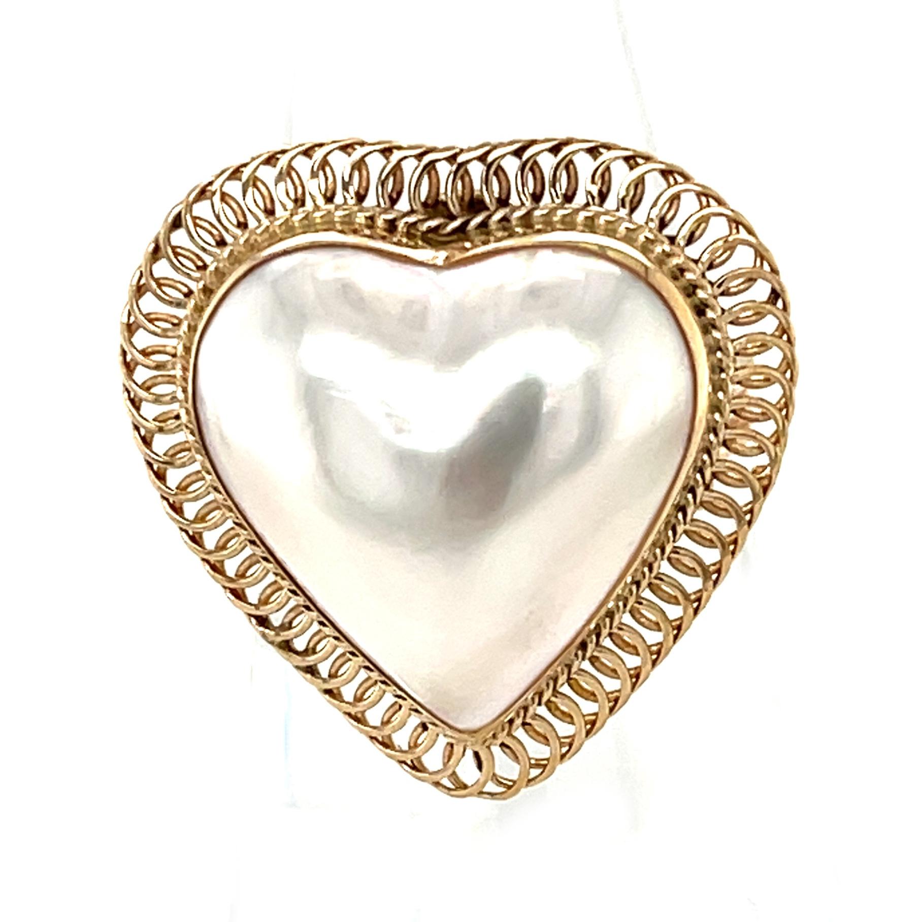 Women's Heart Shaped Mabe Pearl Cocktail Ring with Yellow Gold Spiral Frame For Sale