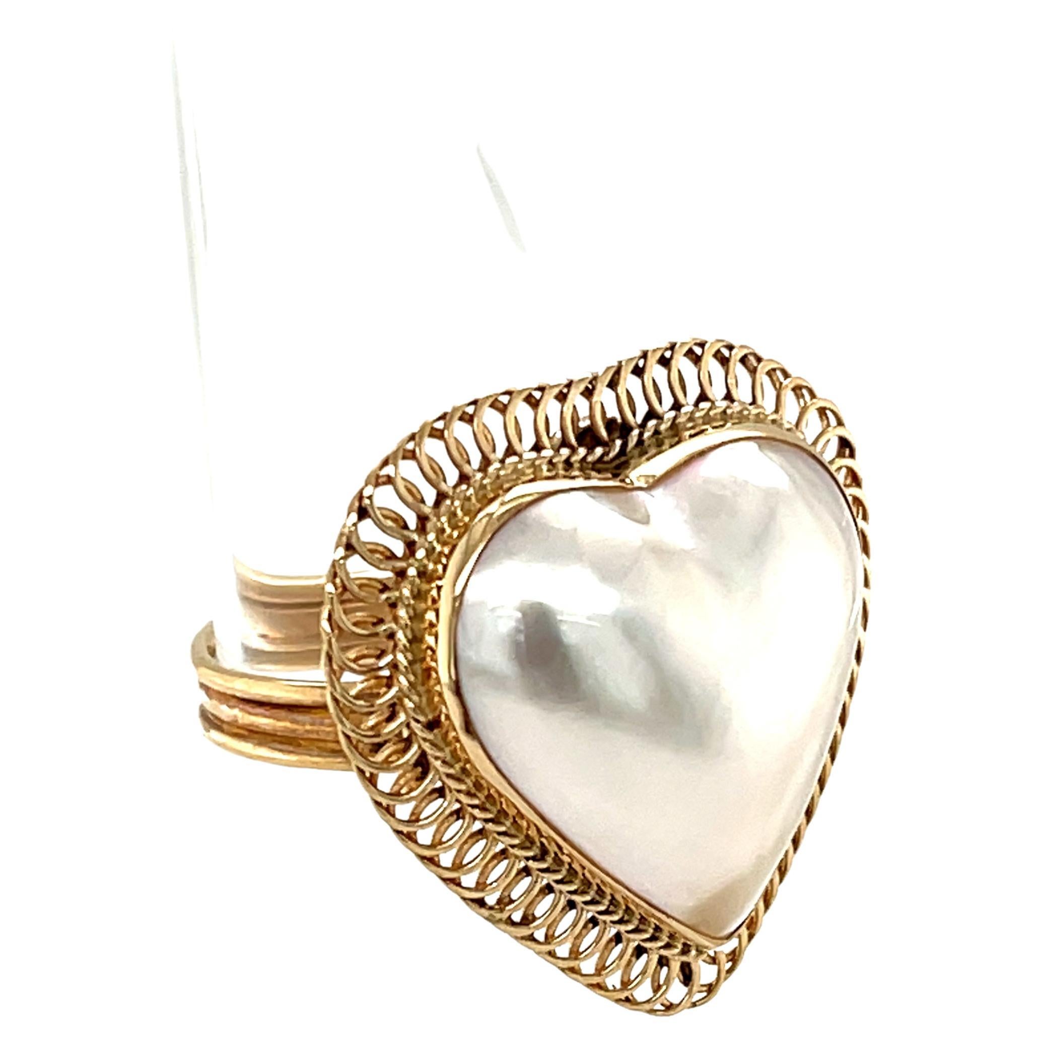 Heart Shaped Mabe Pearl Cocktail Ring with Yellow Gold Spiral Frame For Sale