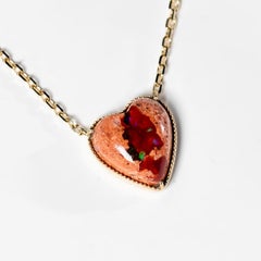 Heart Shaped Mexican Matrix Fire Opal Necklace 14K Yellow Gold
