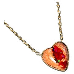 Heart Shaped Mexican Matrix Fire Opal Necklace 14K Yellow Gold