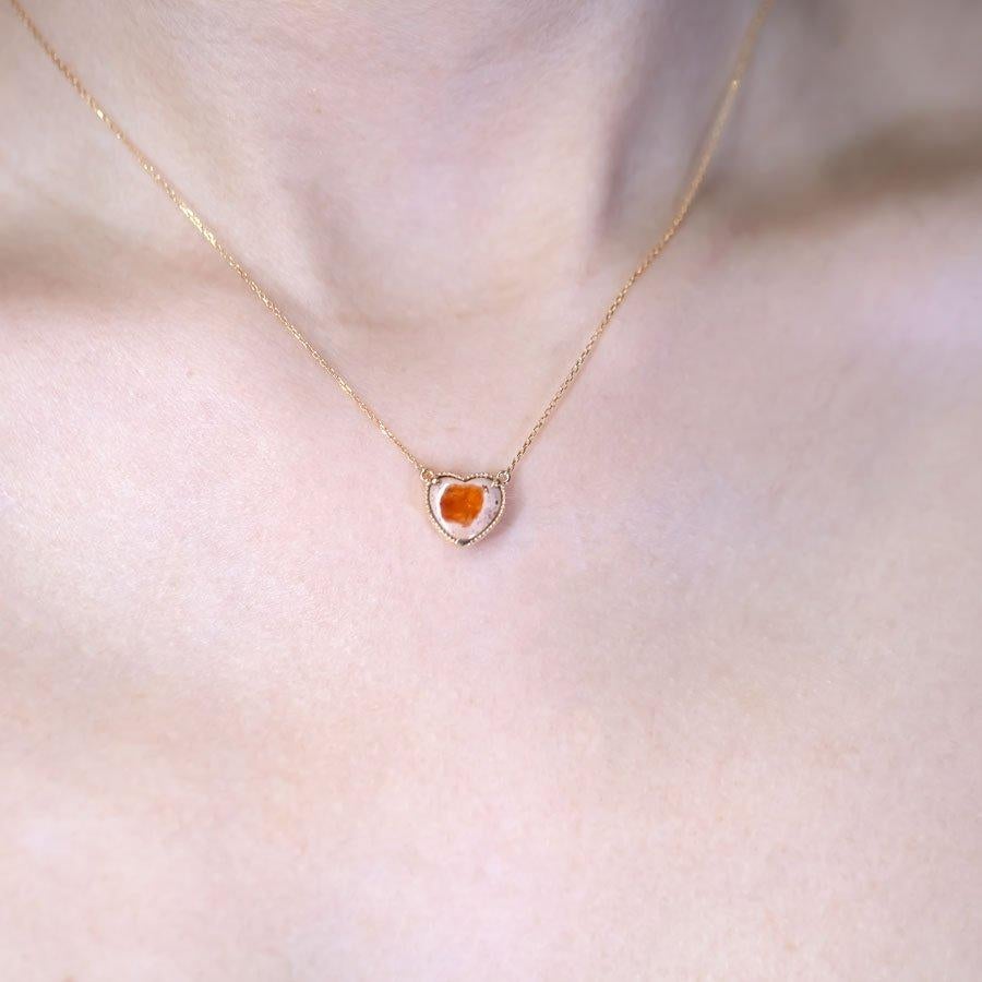 Arts and Crafts Heart Shaped Mexican Matrix Fire Opal Necklace 18K Yellow Gold For Sale