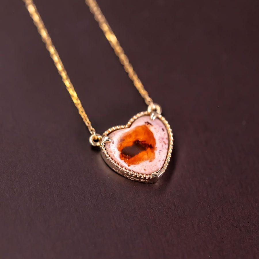 Heart Cut Heart Shaped Mexican Matrix Fire Opal Necklace 18K Yellow Gold For Sale