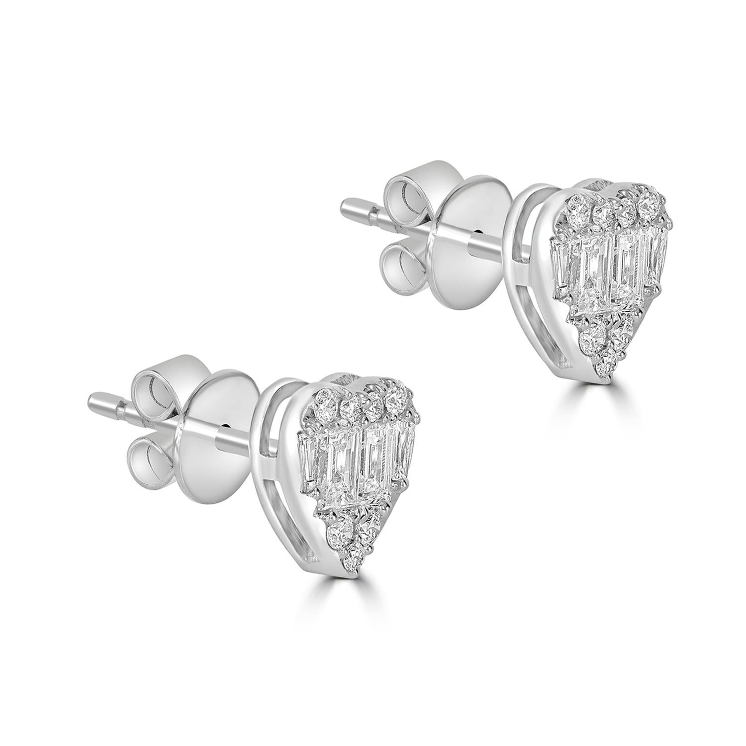 Art Déco Borchie minimali a forma di cuore con diamanti baguette in oro bianco 18 carati in vendita