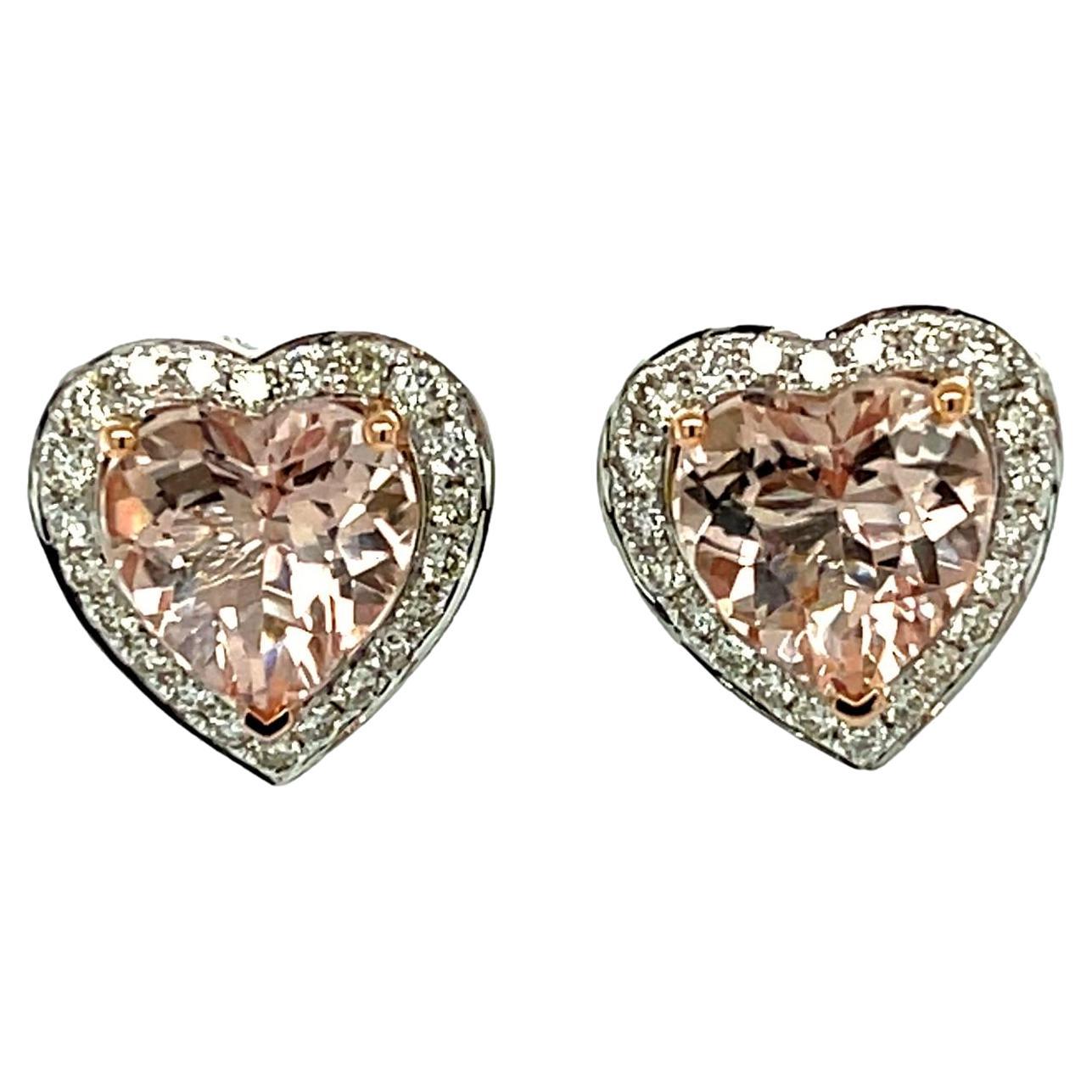 Heart shaped Morganite and Diamond Stud Earrings in 14K White and Rose gold For Sale