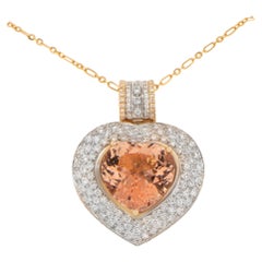 Heart Shaped Morganite Pendant Necklace Diamond Setting 11.8 Carats Total 14K Go
