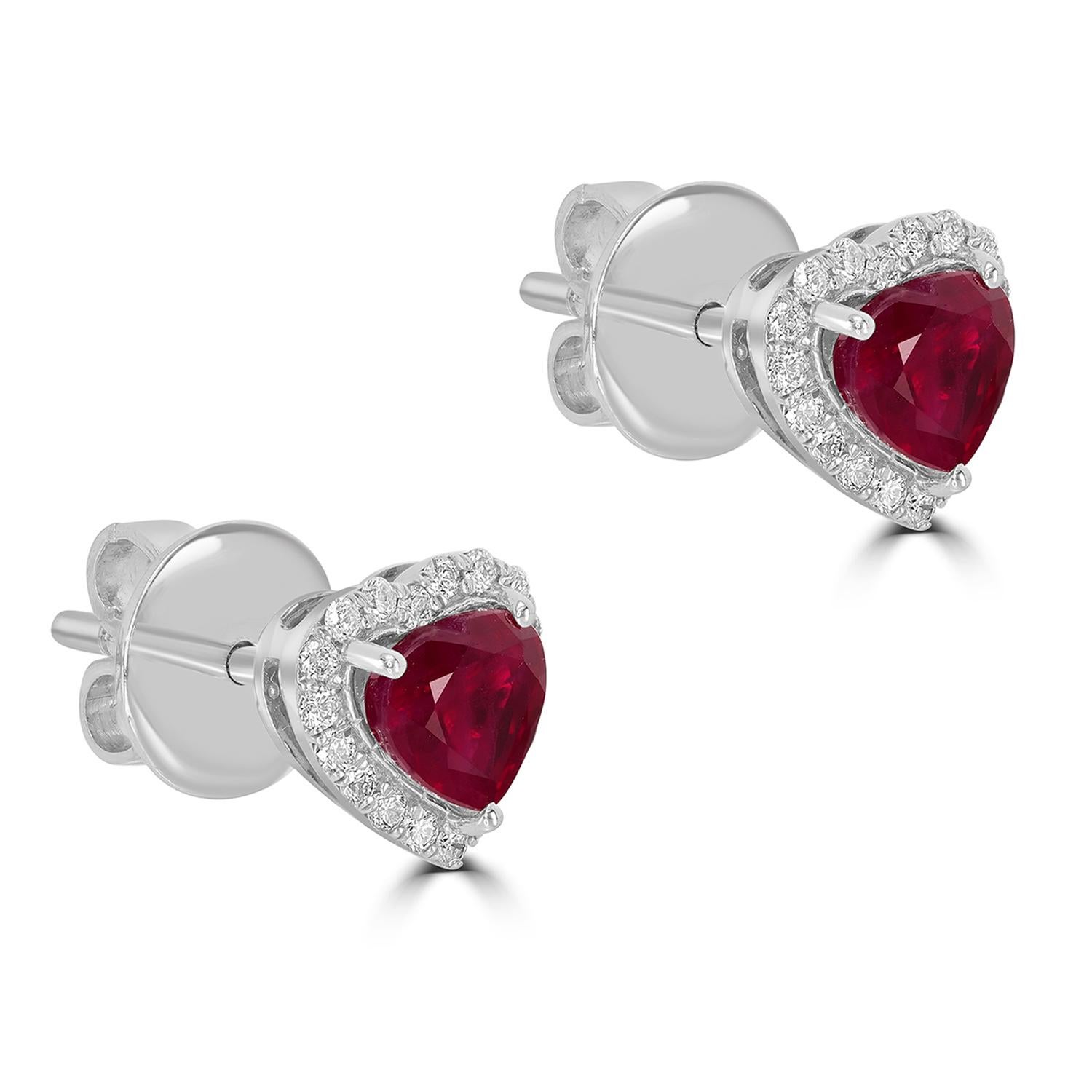 Art déco Boucles d'oreilles minimales en forme de coeur en or 18k serties de rubis du Mozambique et de diamants en vente
