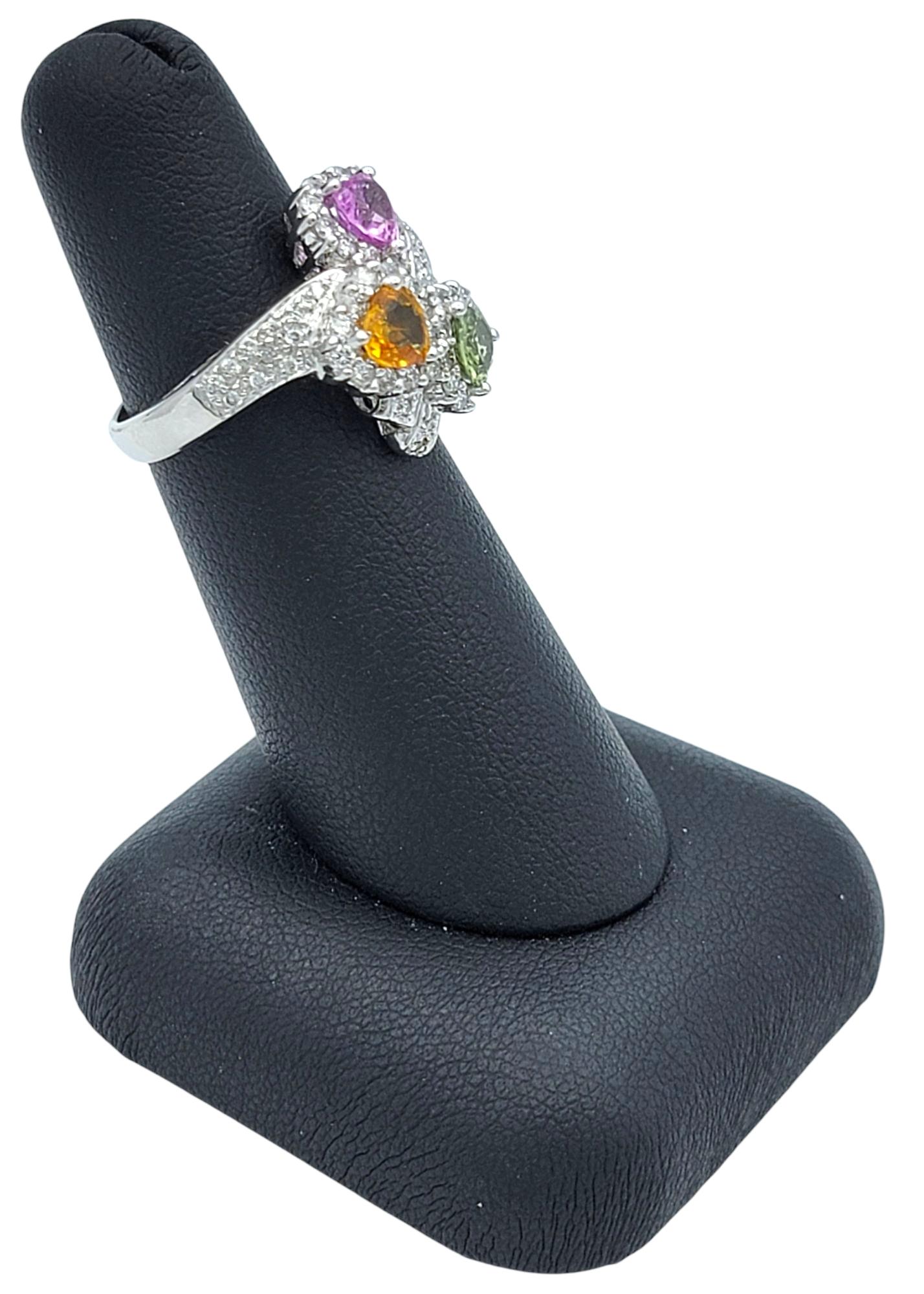 Heart Shaped Multi-Colored Sapphire and Diamond Cocktail Ring in 18 Karat Gold For Sale 6