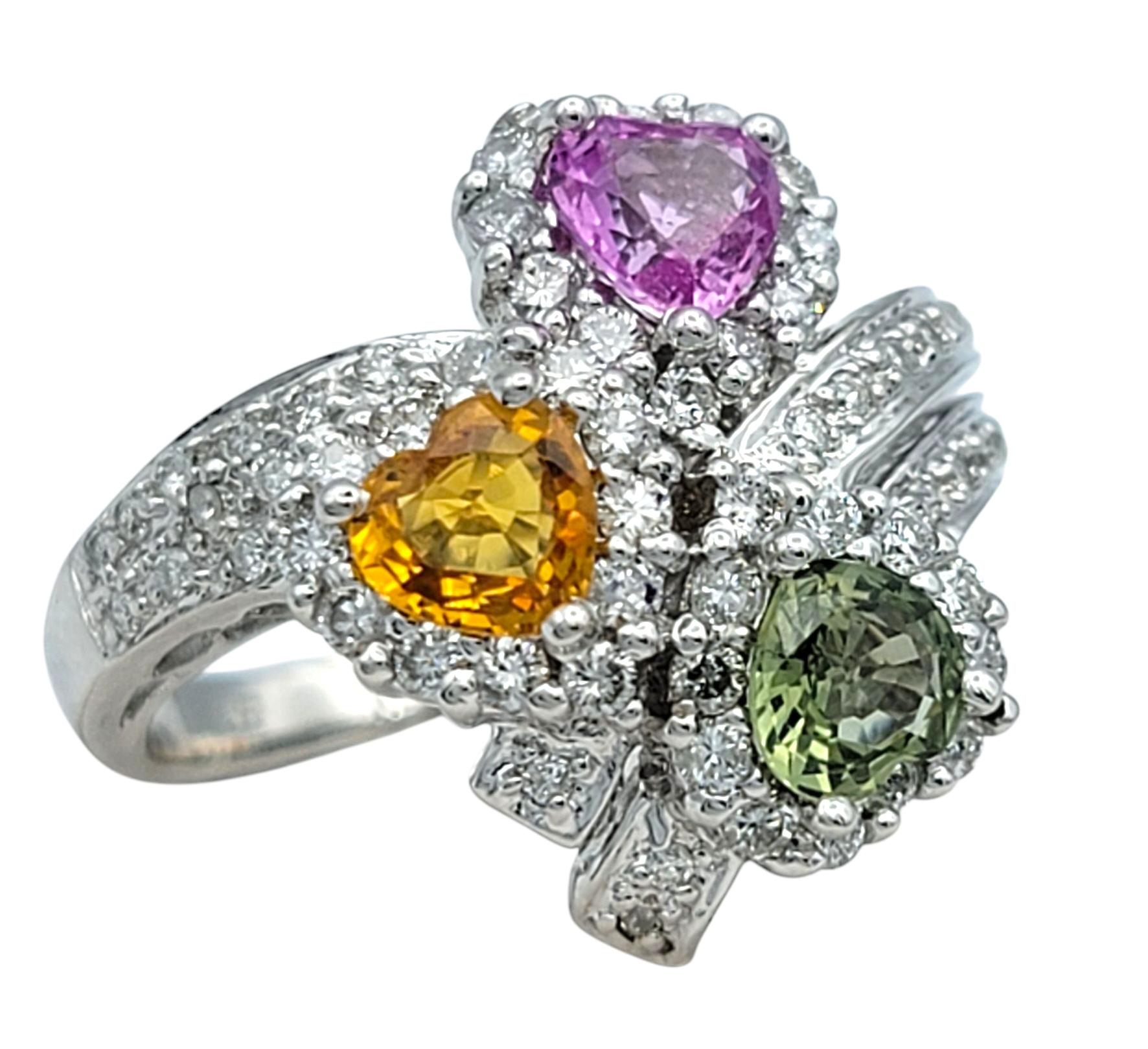 Contemporary Heart Shaped Multi-Colored Sapphire and Diamond Cocktail Ring in 18 Karat Gold For Sale