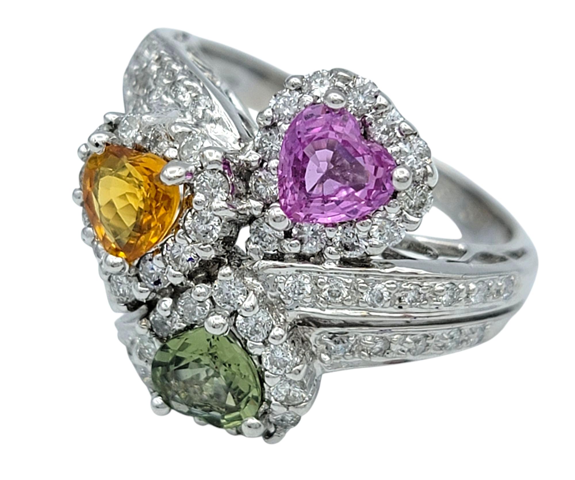 Heart Cut Heart Shaped Multi-Colored Sapphire and Diamond Cocktail Ring in 18 Karat Gold For Sale