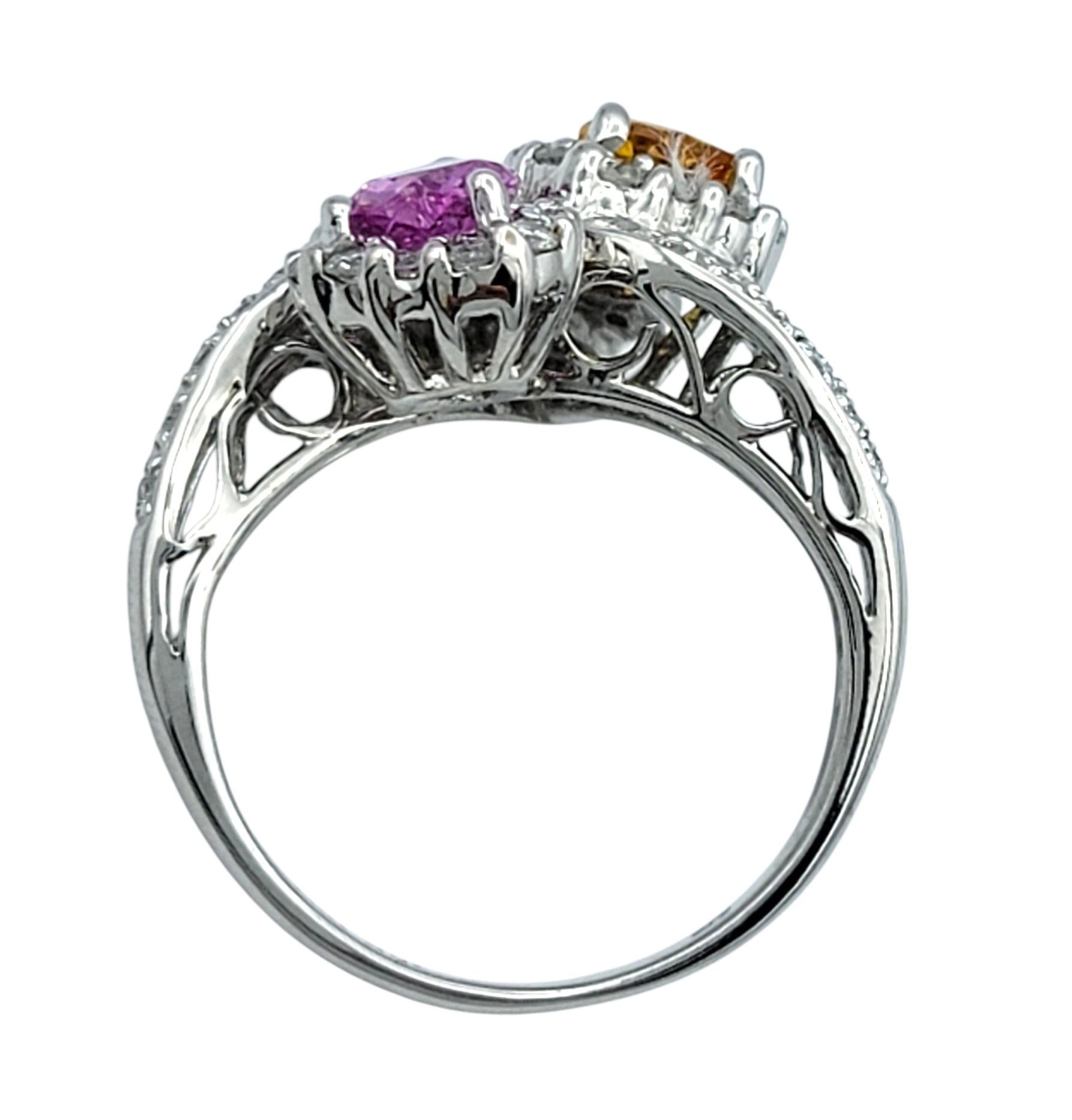 Women's Heart Shaped Multi-Colored Sapphire and Diamond Cocktail Ring in 18 Karat Gold For Sale