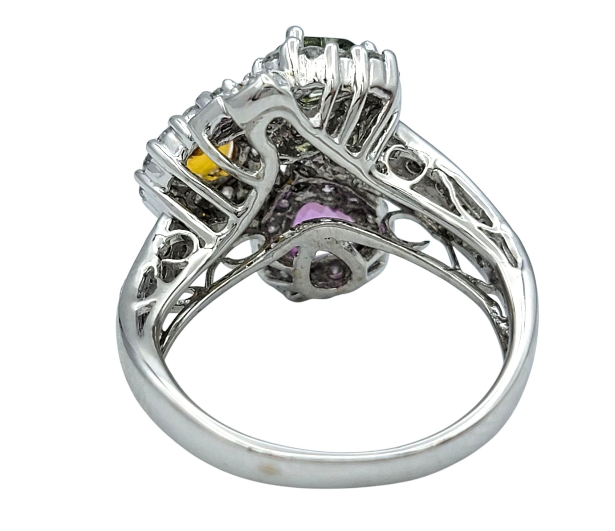 Heart Shaped Multi-Colored Sapphire and Diamond Cocktail Ring in 18 Karat Gold For Sale 1