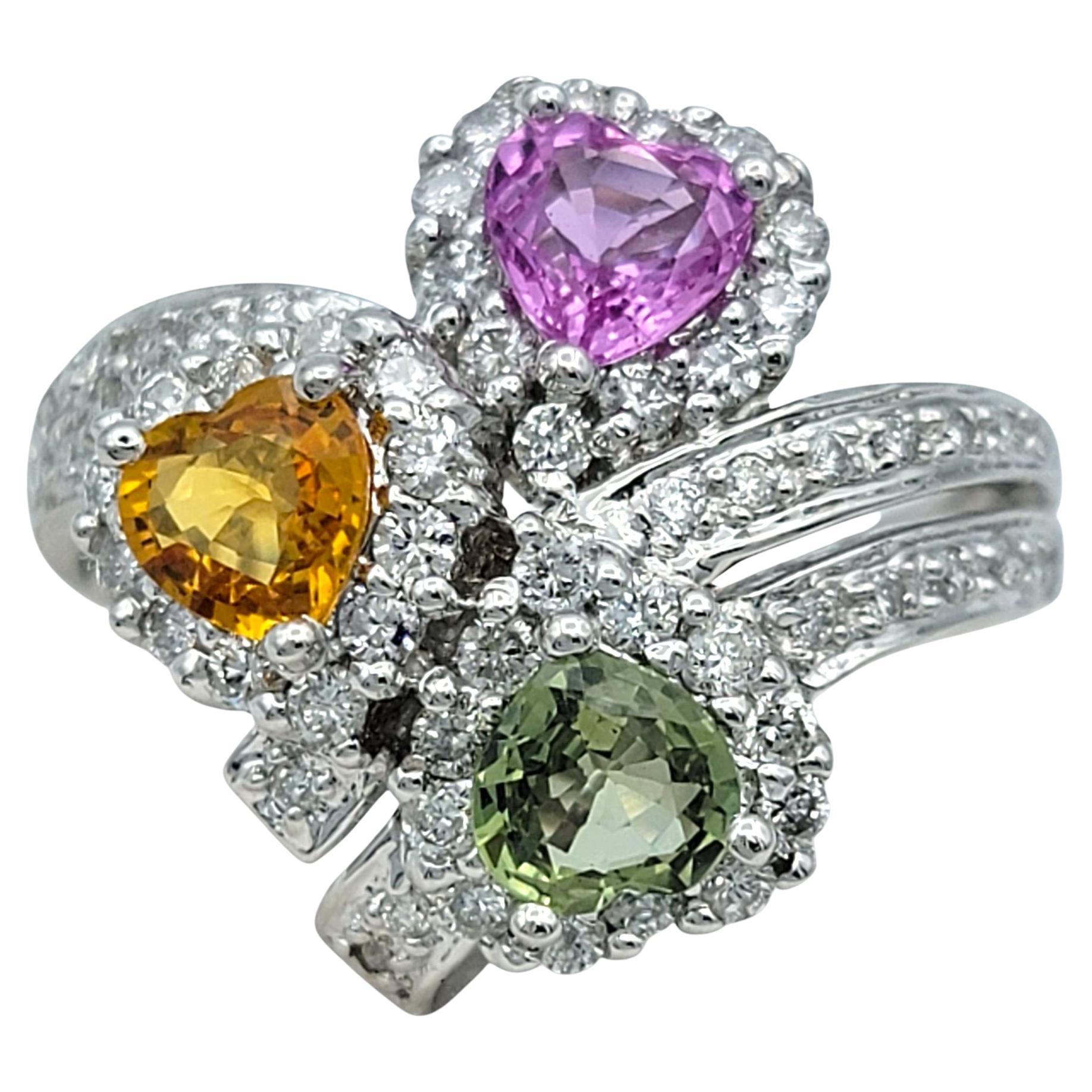 Heart Shaped Multi-Colored Sapphire and Diamond Cocktail Ring in 18 Karat Gold