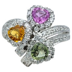 Heart Shaped Multi-Colored Sapphire and Diamond Cocktail Ring in 18 Karat Gold