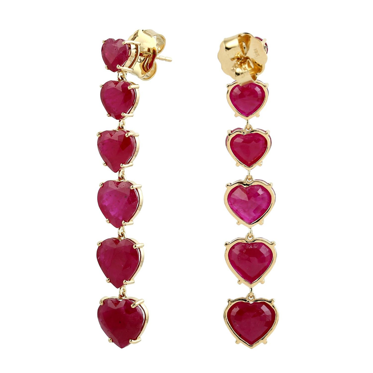 Mixed Cut Heart Shaped Multi Tier Mozambique Ruby Dangle Earrings Made In 18k Yellow Gold For Sale