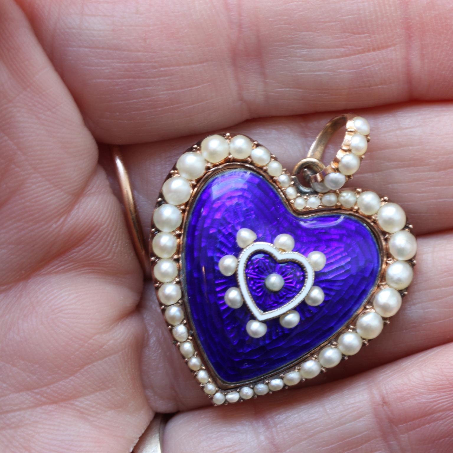 Heart Shaped Pearl and Blue Enamel Victorian Locket 1