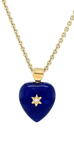 Two Colored Heart Pendant 18k Yellow Gold Blue/Yellow Enamel Diamonds 2.02 ct
