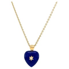 Two Colored Heart Pendant 18k Yellow Gold Blue/Yellow Enamel Diamonds 2.02 ct