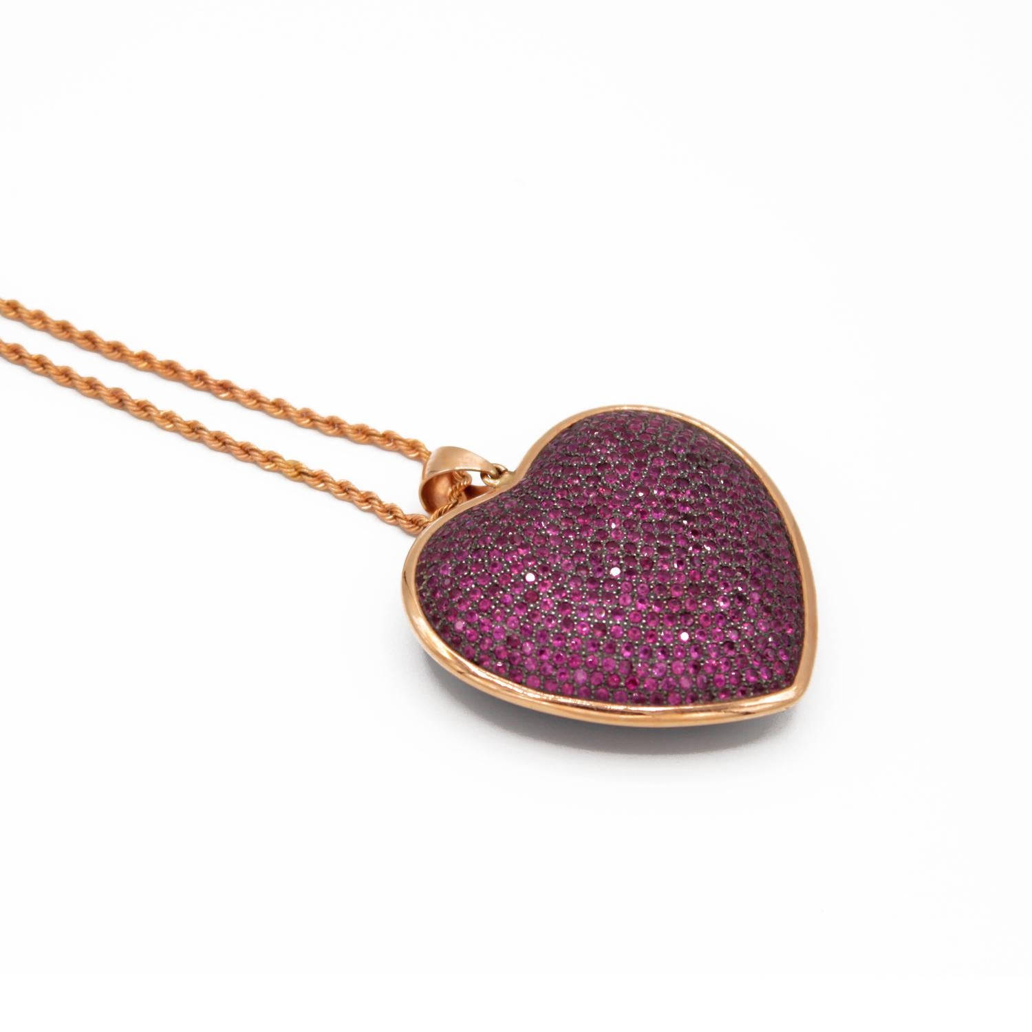 Artisan Heart Shaped Pendant in Rubies Pave and 18 Karat Pink Gold For Sale