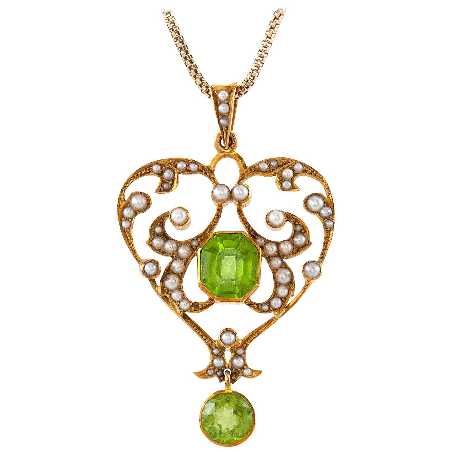 Heart-Shaped Pendant-Necklace with Pearls and Tourmalines For Sale