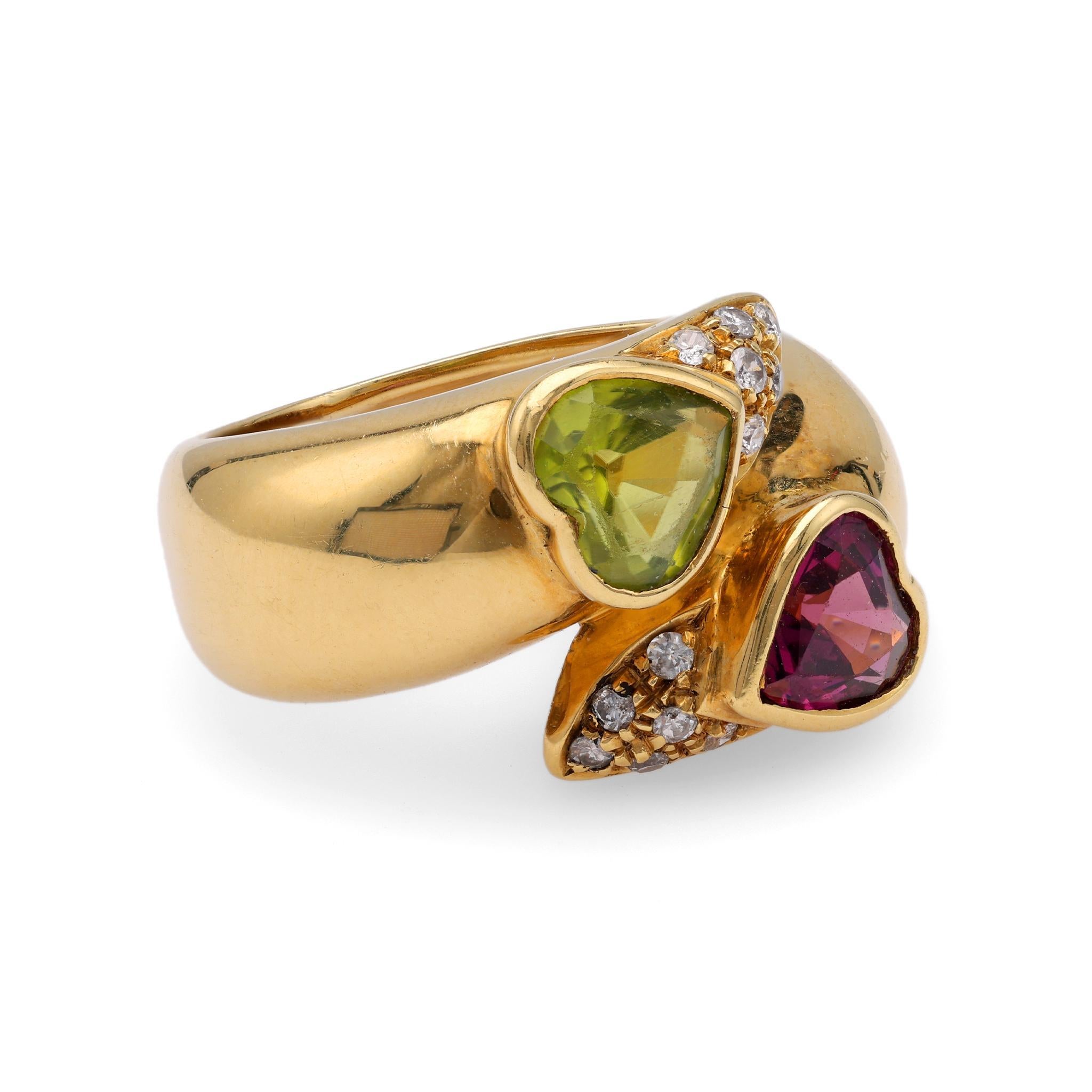 Bypass-Ring aus Gelbgold mit herzförmigem Peridot und Rubellit-Diamant (Herzschliff)