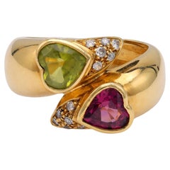 Vintage Heart Shaped Peridot and Rubellite Diamond Yellow Gold Bypass Ring