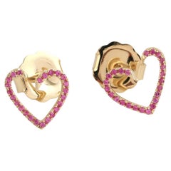 Heart Shaped Pink Sapphire Pave Minimal Studs In 14k Yellow Gold
