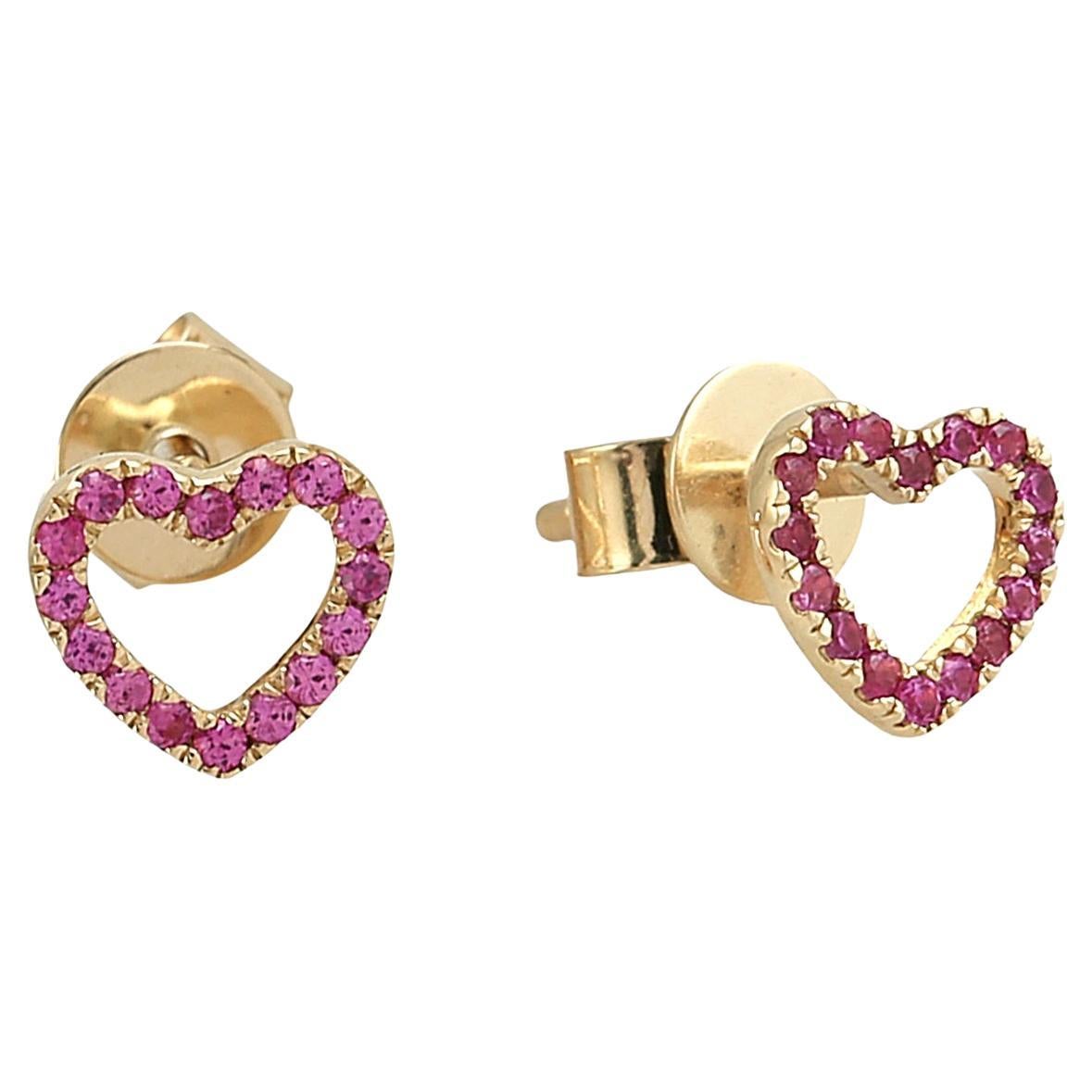 Heart Shaped Pink Sapphire Pave Minimal Studs In 14k Yellow Gold