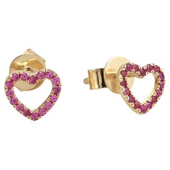 Heart Shaped Pink Sapphire Pave Minimal Studs In 14k Yellow Gold