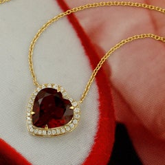 Heart Shaped Red Garnet & Diamond Pendant Chain Necklace Made In 14k Yellow Gold