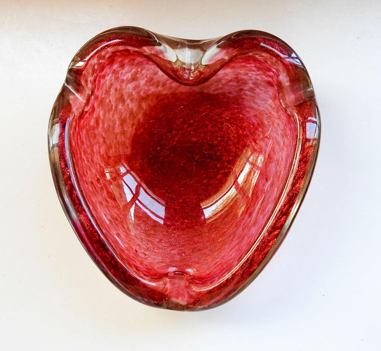 Heart Shaped Red Pink Gold Sparkles Murano Glass Bowl For Sale at 1stDibs