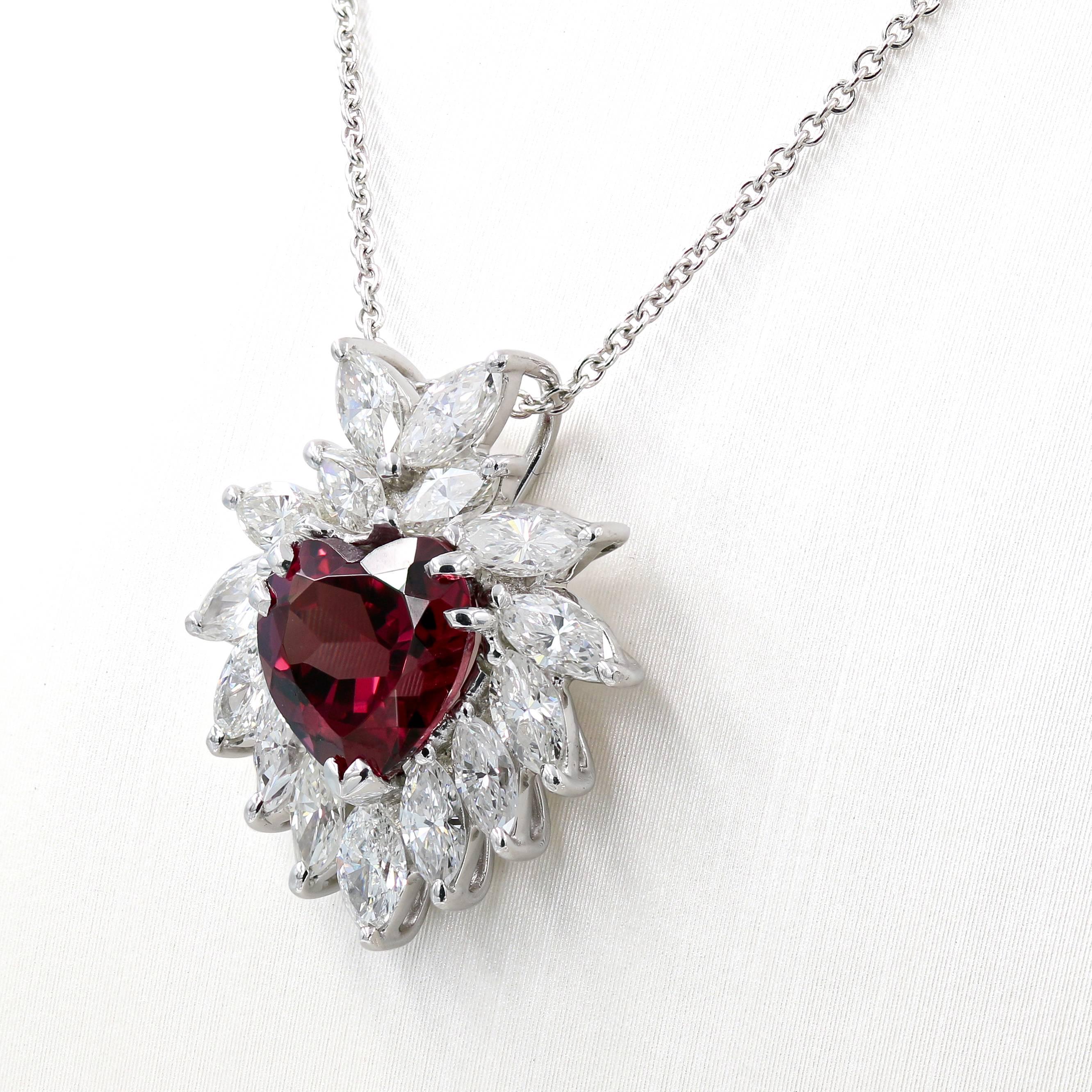 Contemporary Heart Shaped Rhodolite Garnet and Marquise Diamond Necklace in Platinum