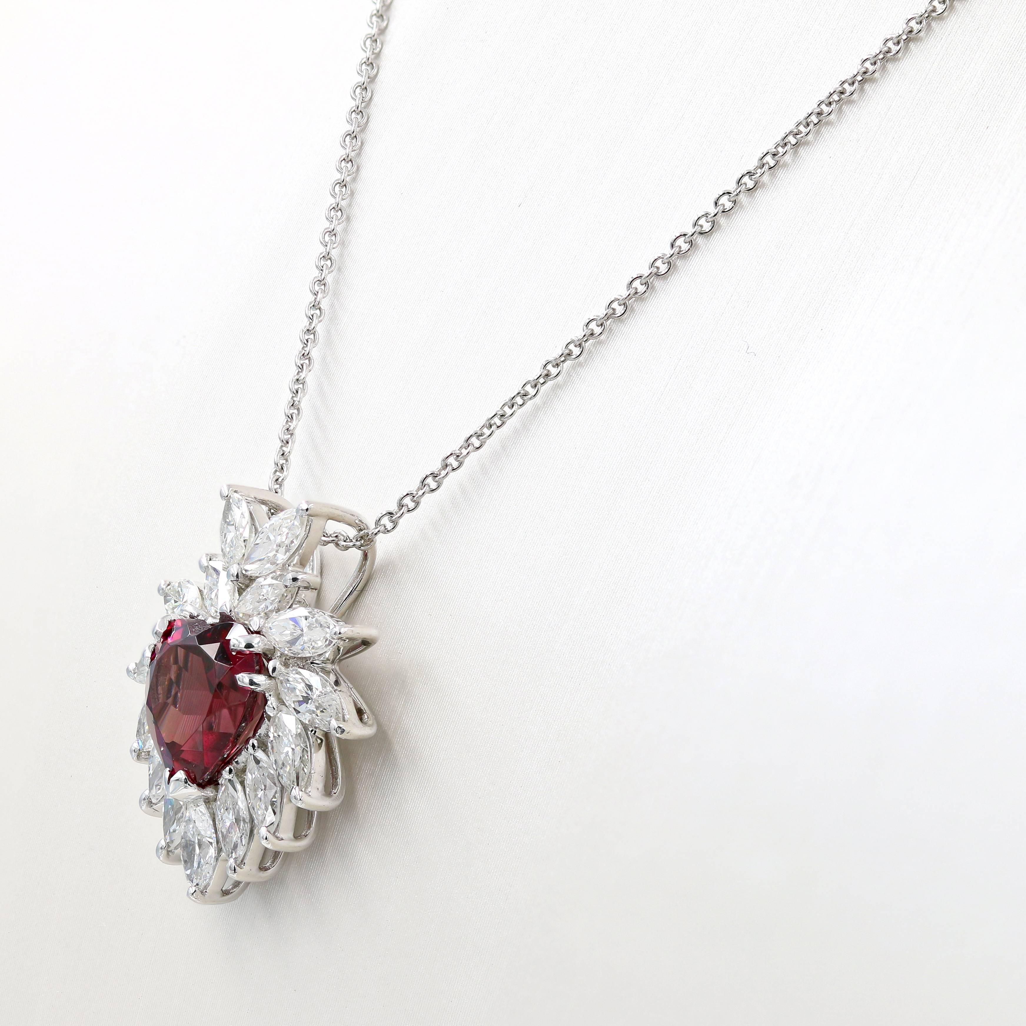 Marquise Cut Heart Shaped Rhodolite Garnet and Marquise Diamond Necklace in Platinum