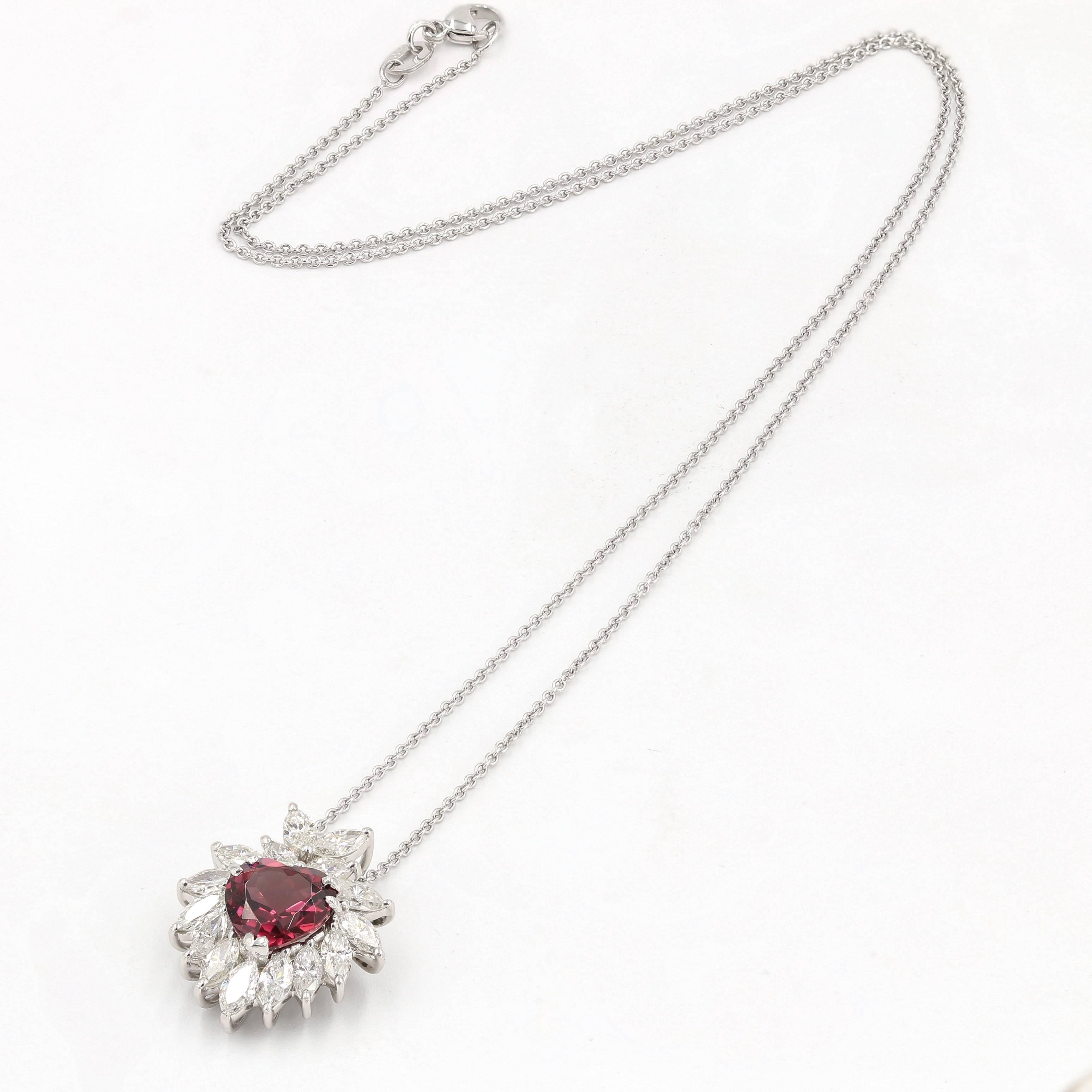 Heart Shaped Rhodolite Garnet and Marquise Diamond Necklace in Platinum In New Condition In Chicago, IL