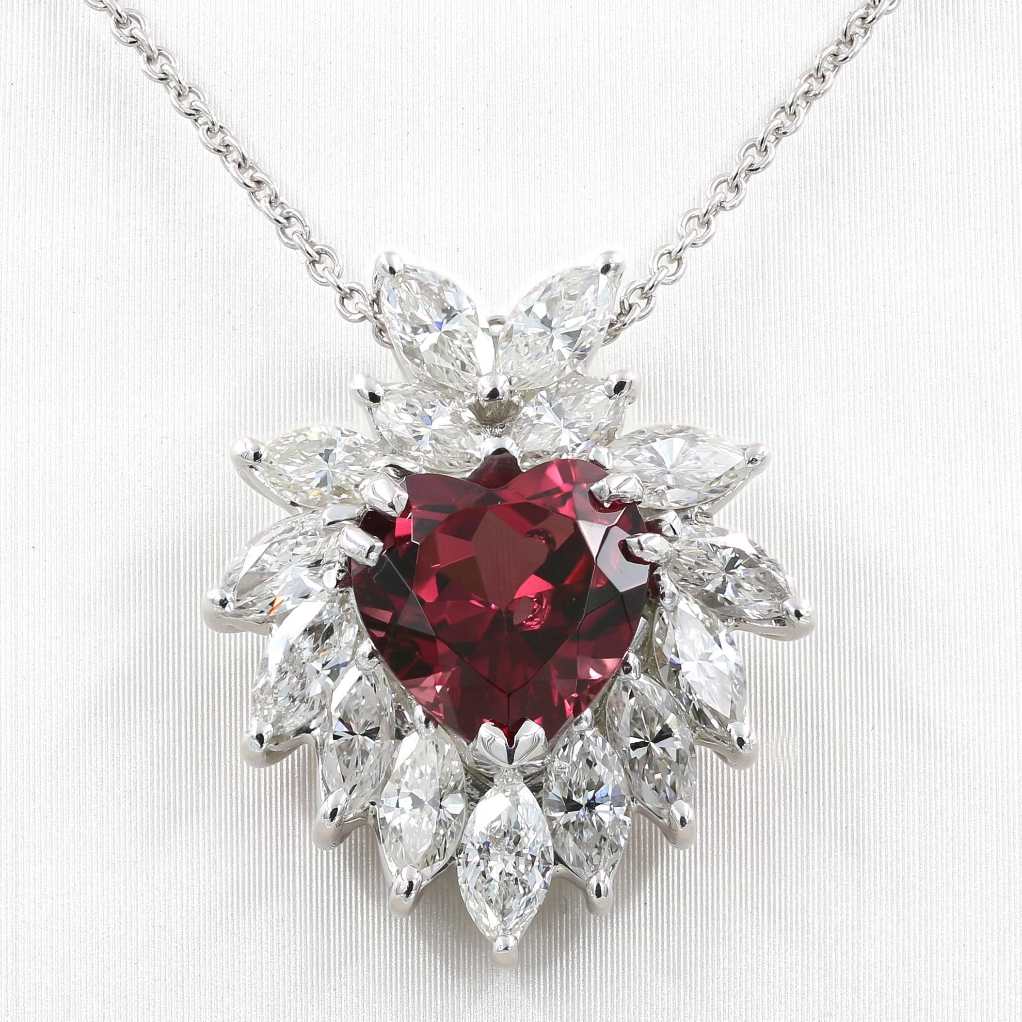 Women's Heart Shaped Rhodolite Garnet and Marquise Diamond Necklace in Platinum