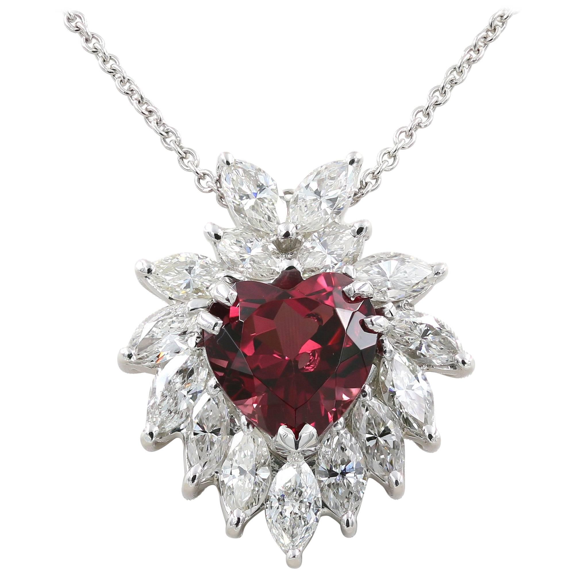 Heart Shaped Rhodolite Garnet and Marquise Diamond Necklace in Platinum