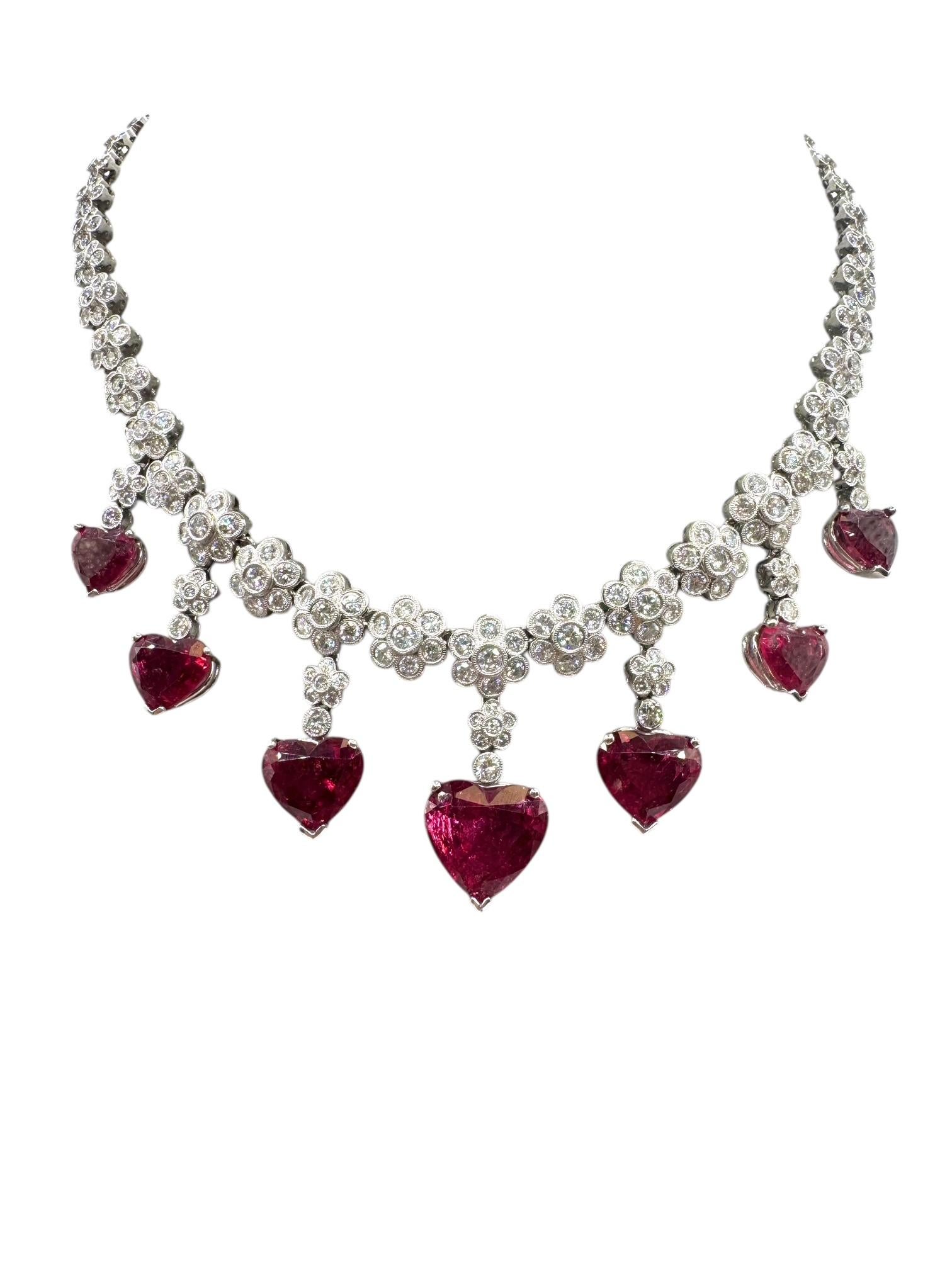 Heart Shaped Rubellite Platinum and Diamond Necklace For Sale 5