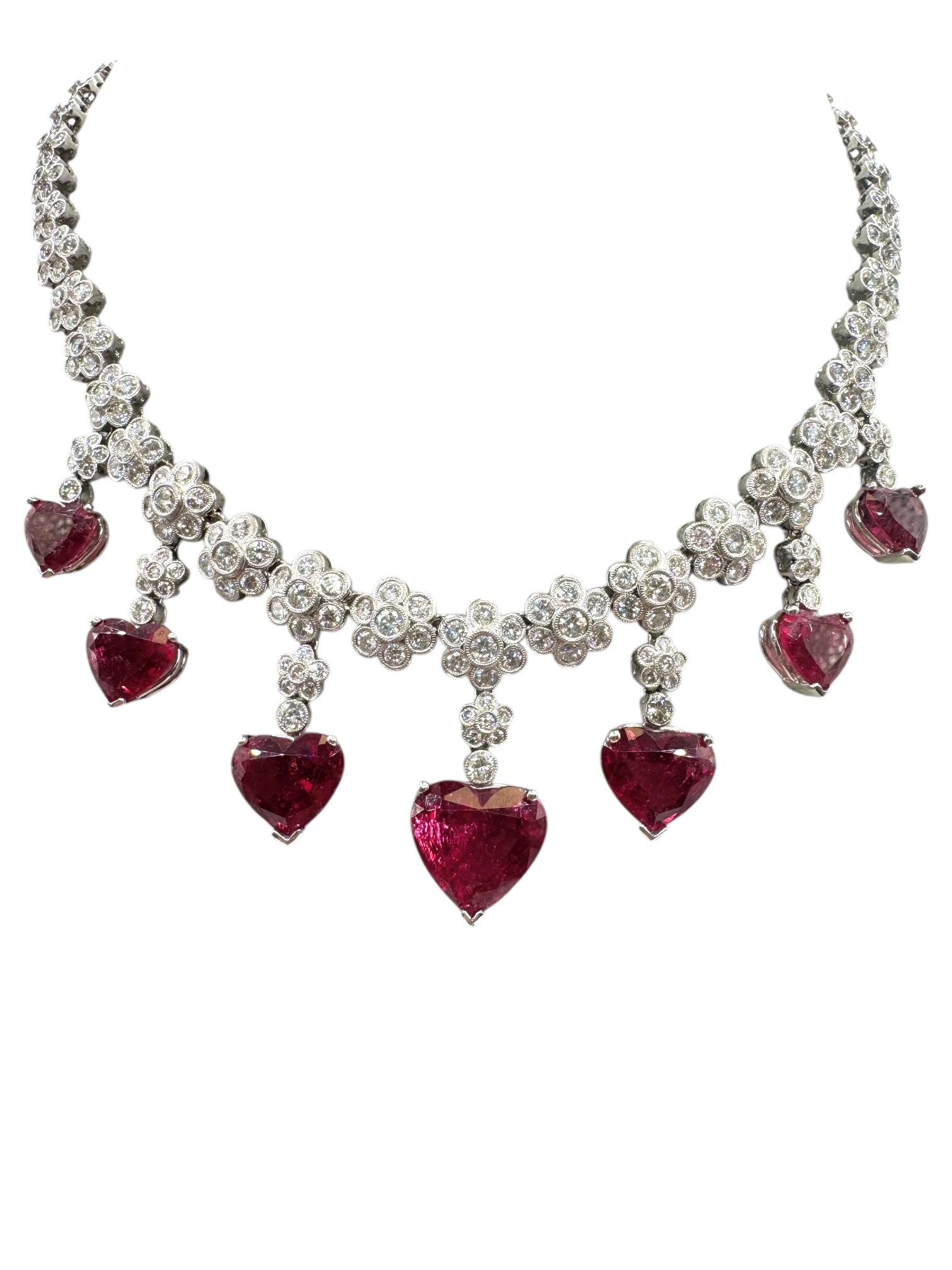 Heart Shaped Rubellite Platinum and Diamond Necklace For Sale 6