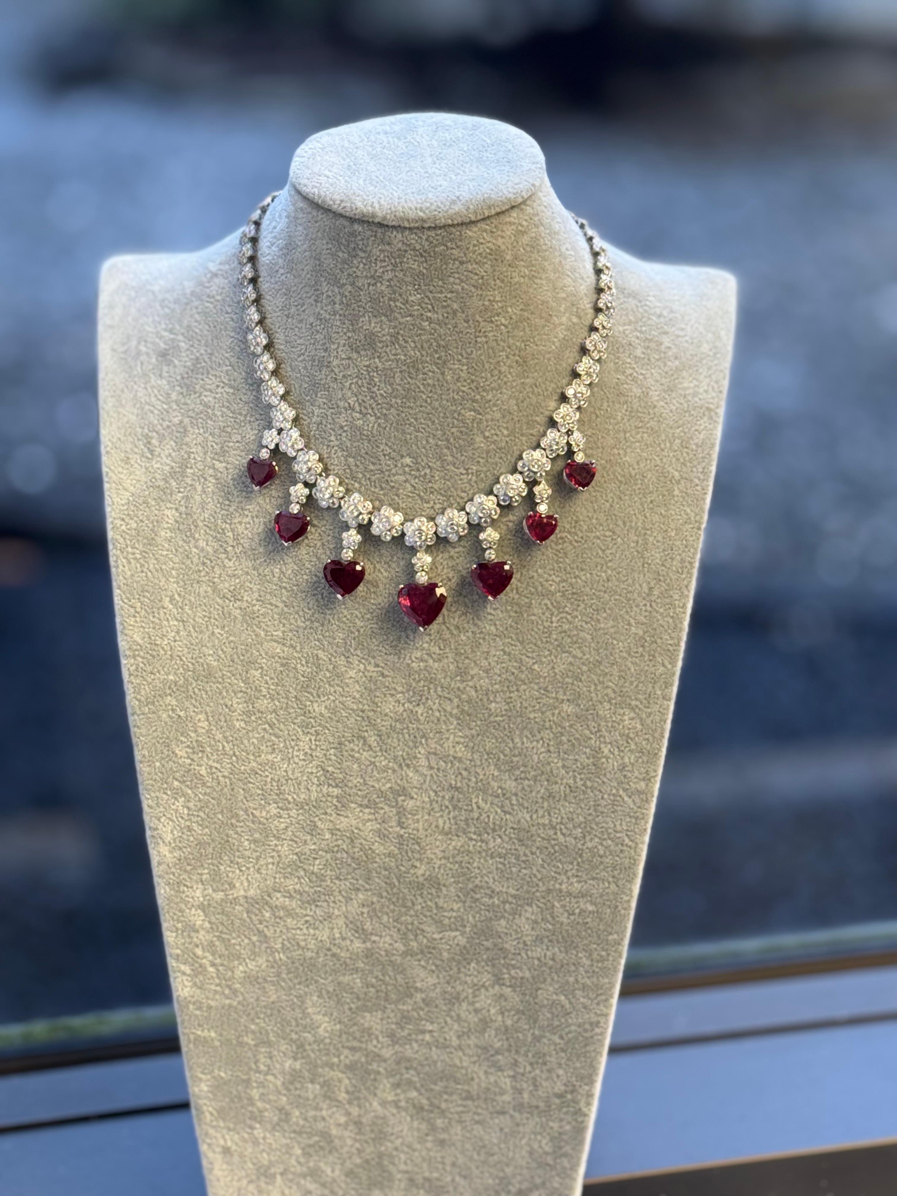 Heart Cut Heart Shaped Rubellite Platinum and Diamond Necklace For Sale