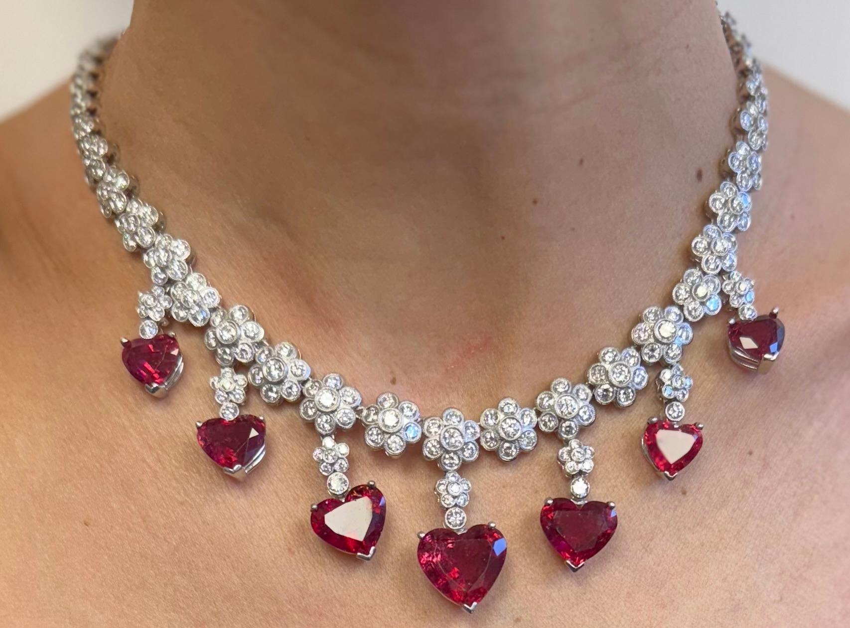 Heart Shaped Rubellite Platinum and Diamond Necklace In Excellent Condition For Sale In Great Neck Plaza, NY