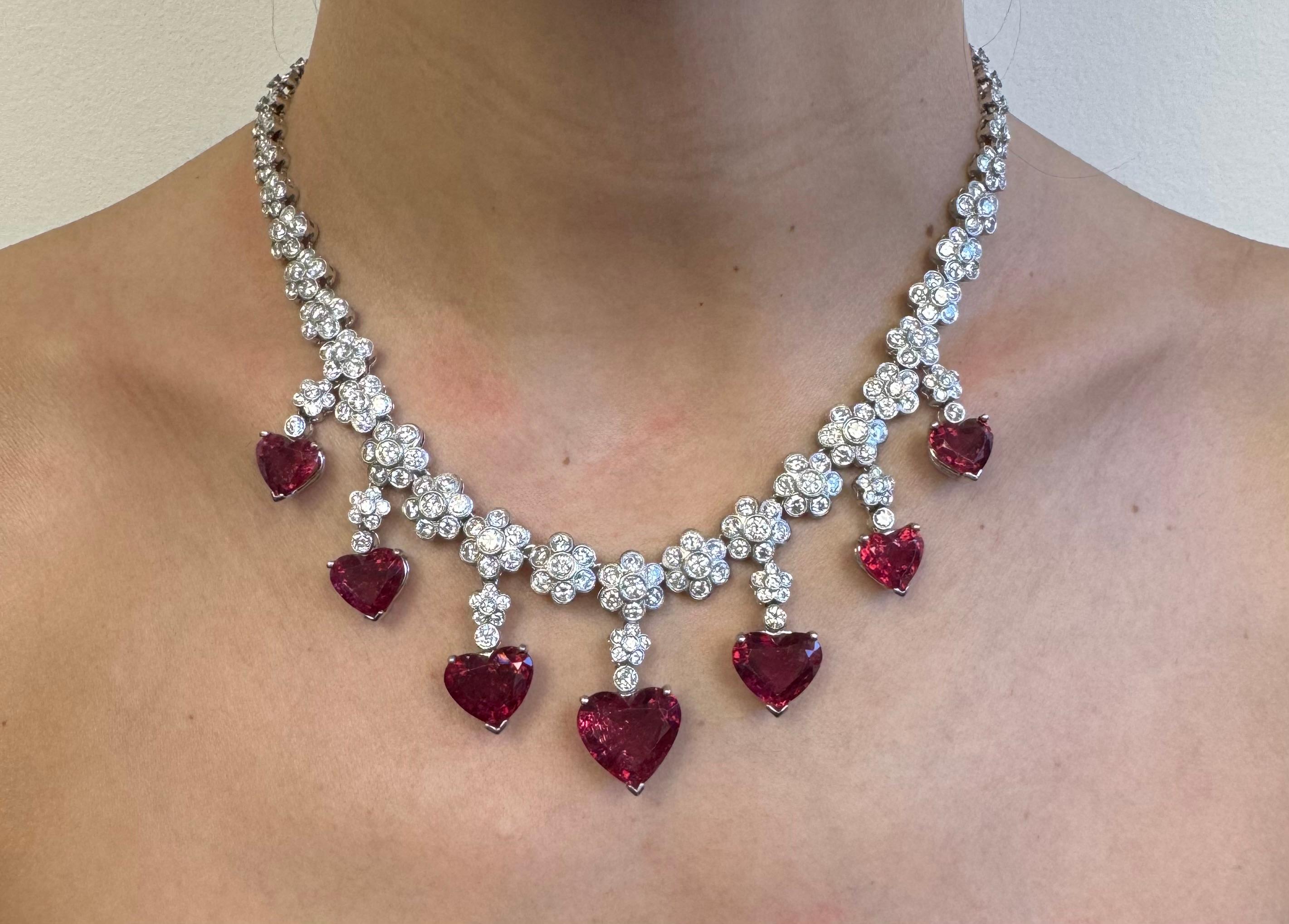 Women's or Men's Heart Shaped Rubellite Platinum and Diamond Necklace For Sale