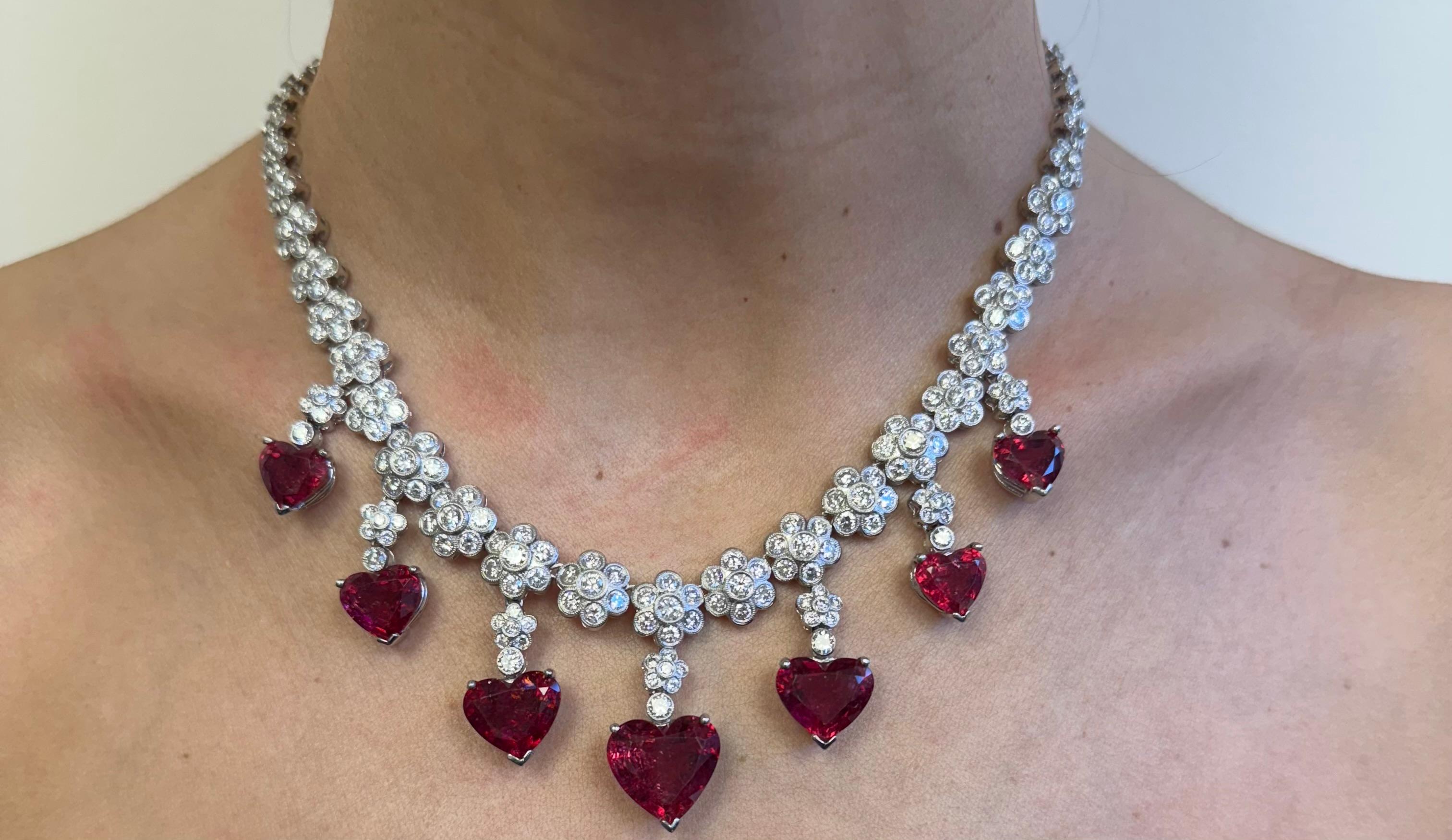 Heart Shaped Rubellite Platinum and Diamond Necklace For Sale 1