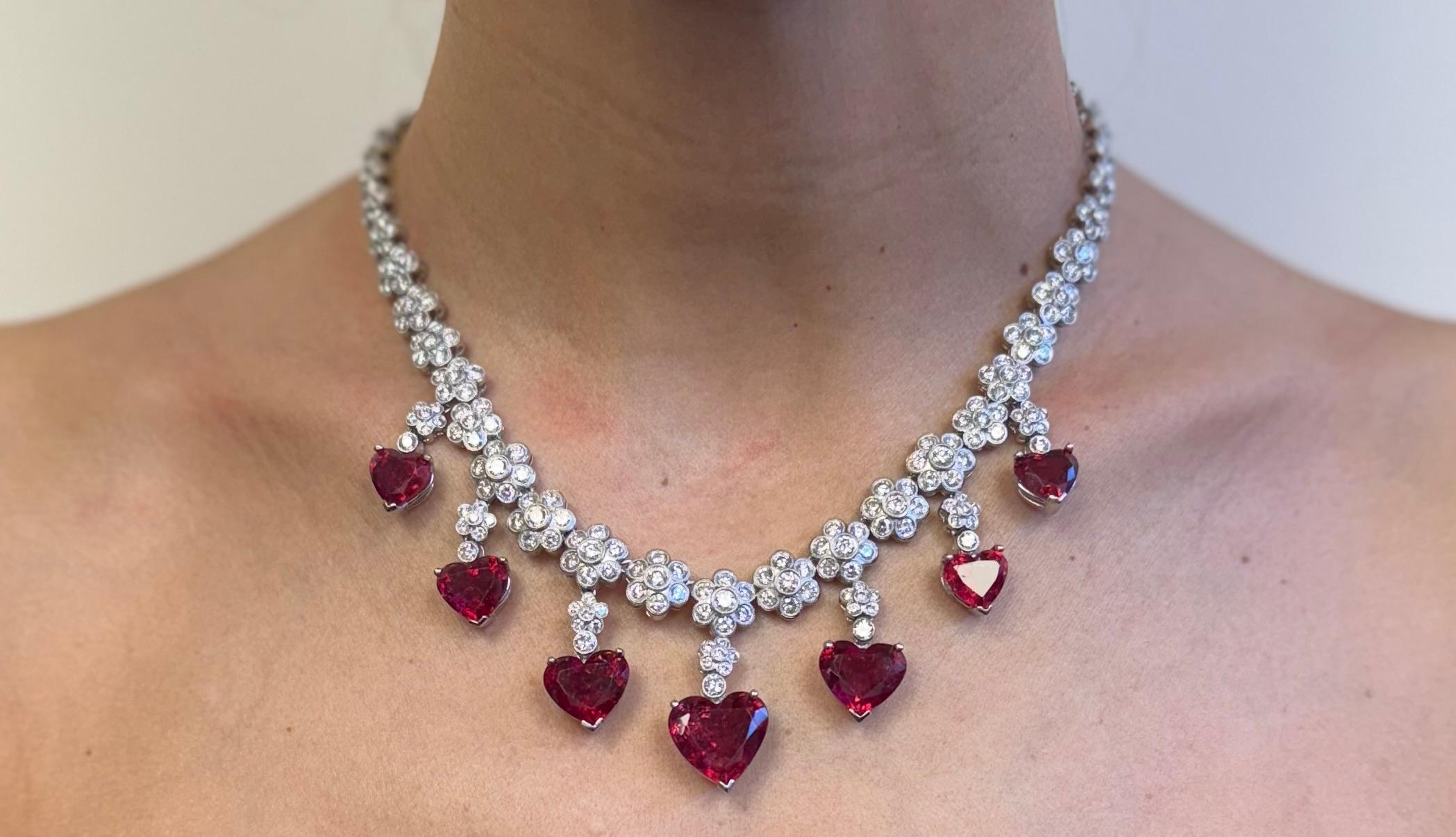 Heart Shaped Rubellite Platinum and Diamond Necklace For Sale 2