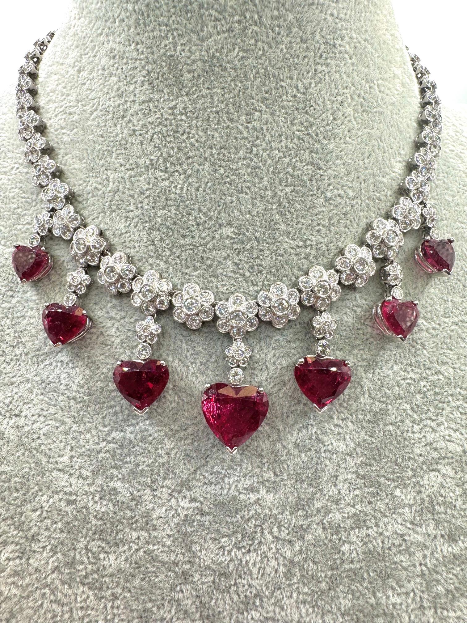 Heart Shaped Rubellite Platinum and Diamond Necklace For Sale 3