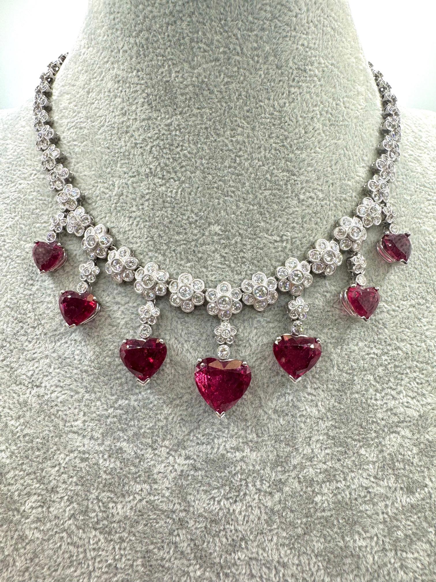 Heart Shaped Rubellite Platinum and Diamond Necklace For Sale 4