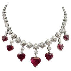 Heart Shaped Rubellite Platinum and Diamond Necklace