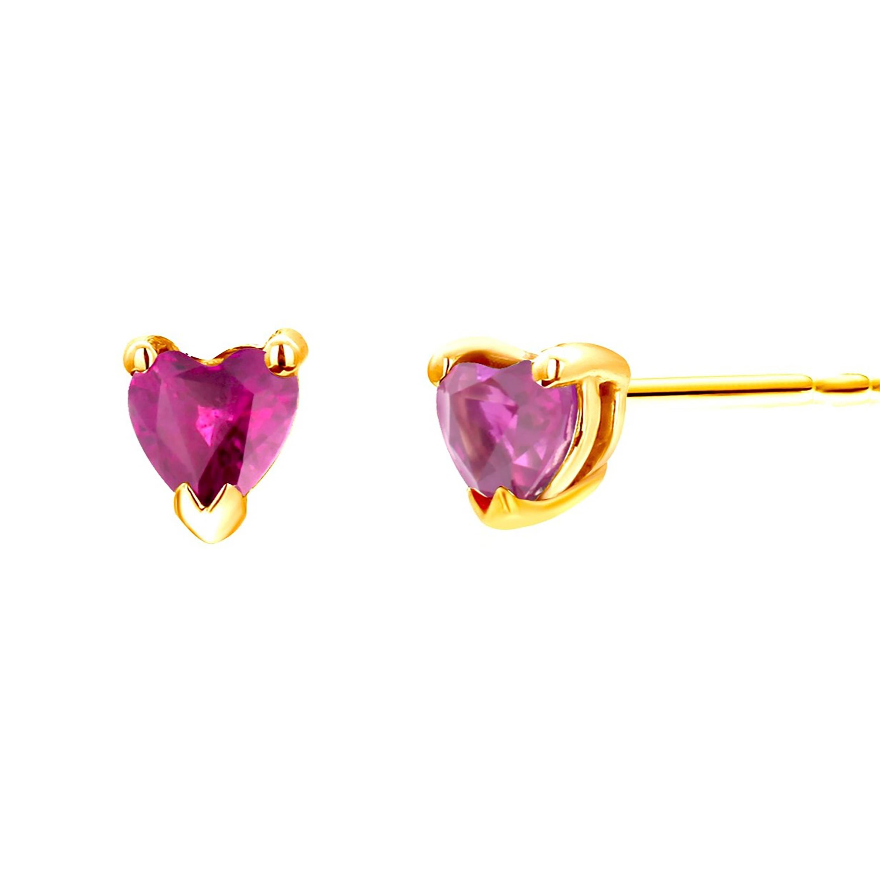Heart Shaped Rubies Set in Yellow Gold Stud Earrings 1