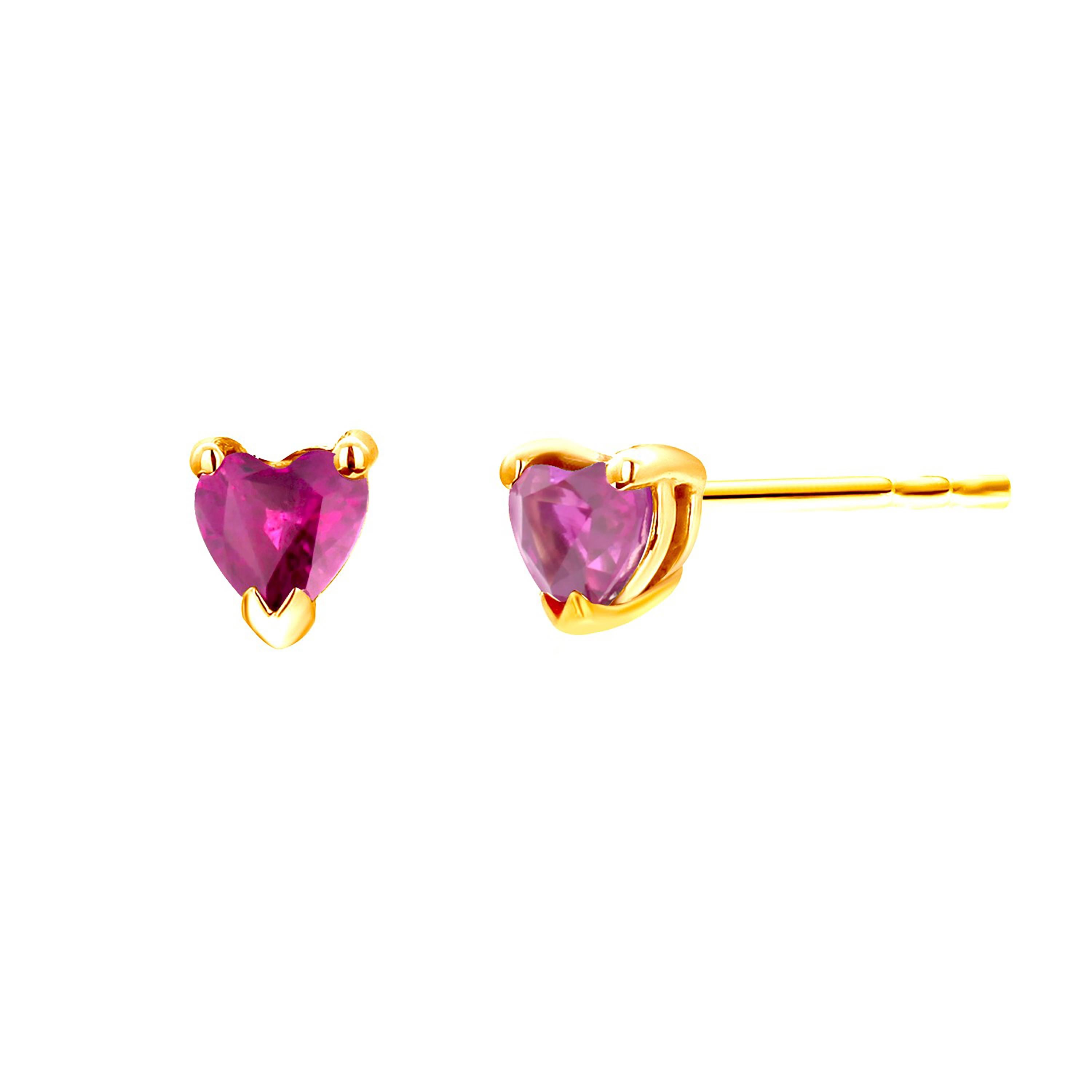 Heart Shaped Rubies Set in Yellow Gold Stud Earrings 3