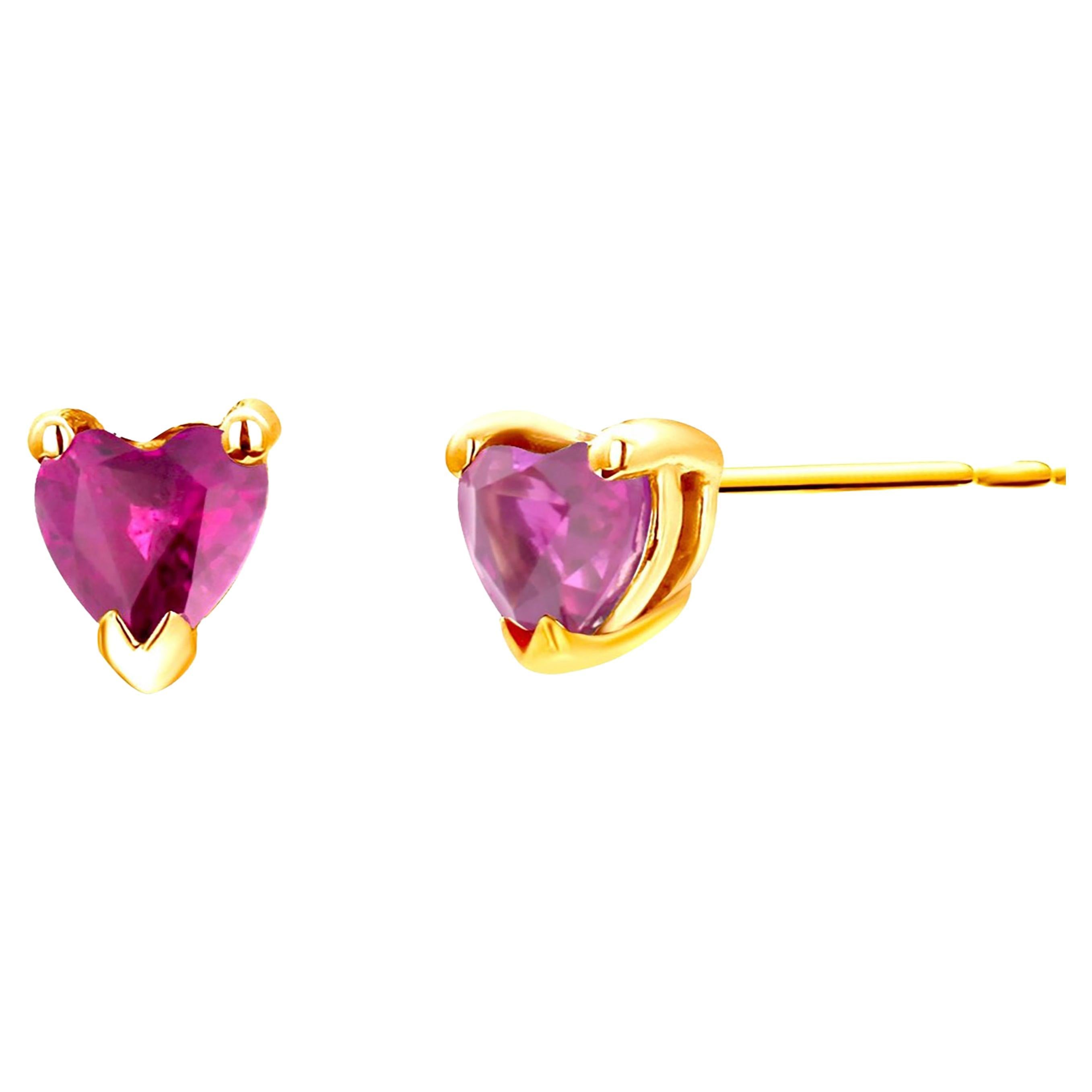 Heart Shaped Rubies Set in Yellow Gold Stud Earrings