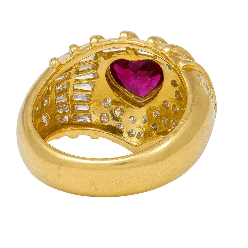Heart-Shaped Ruby and Diamond 4.00 Carat Ring in 18K Yellow Gold

A captivating jewel of timeless elegance, this ring is crafted in 18K yellow gold and set with a vibrant heart-shaped ruby of approximately 1.50 carats.

The ruby is complemented by