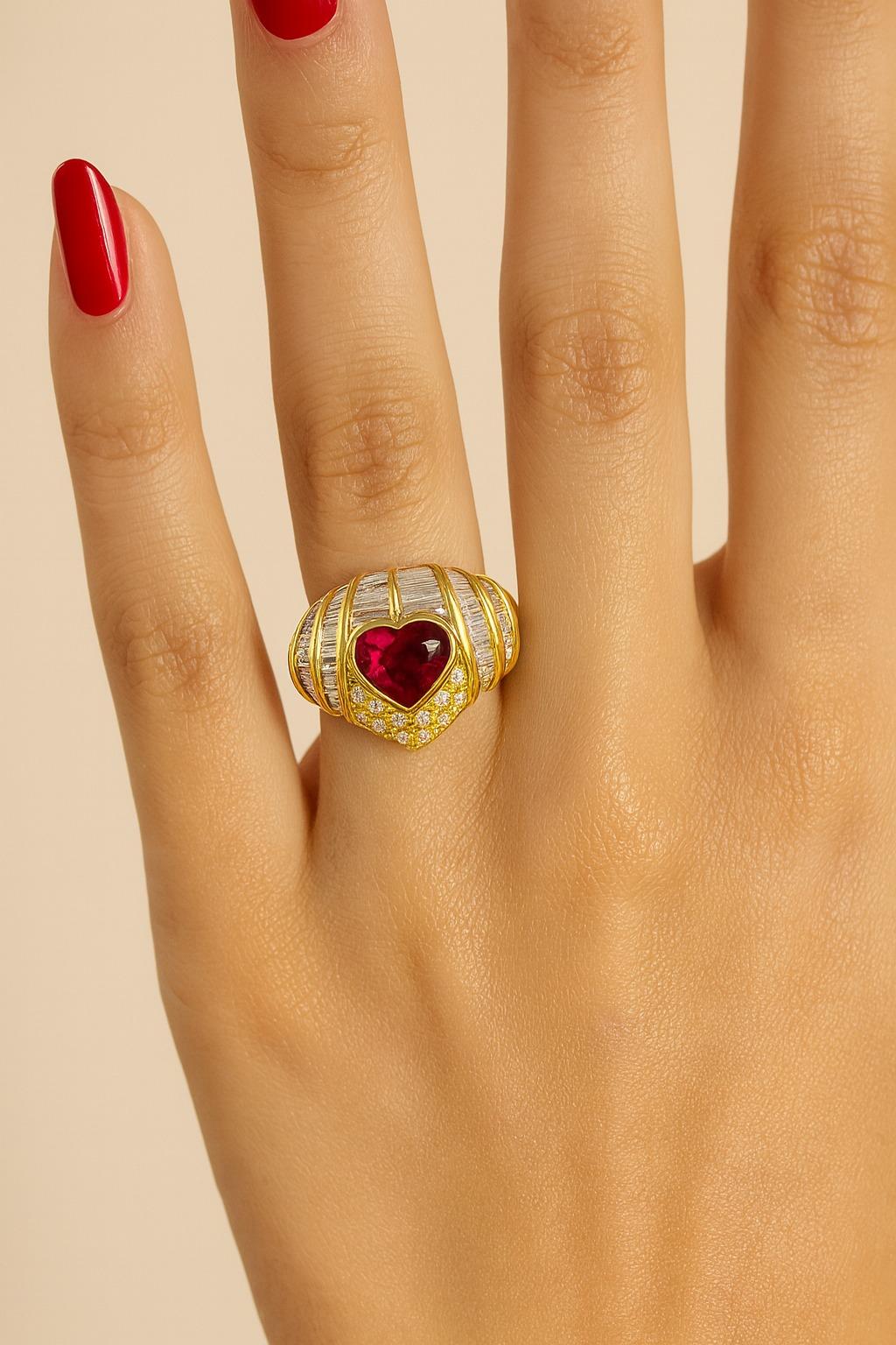 Heart Cut Heart-Shaped Ruby and Diamond 4.00 Carat Ring in 18K Yellow Gold For Sale